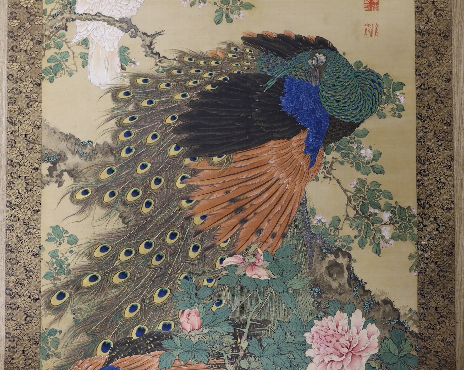 A Japanese scroll painting on silk of birds, Meiji period, bone scroll ends, Image of 137cm X 71 cm